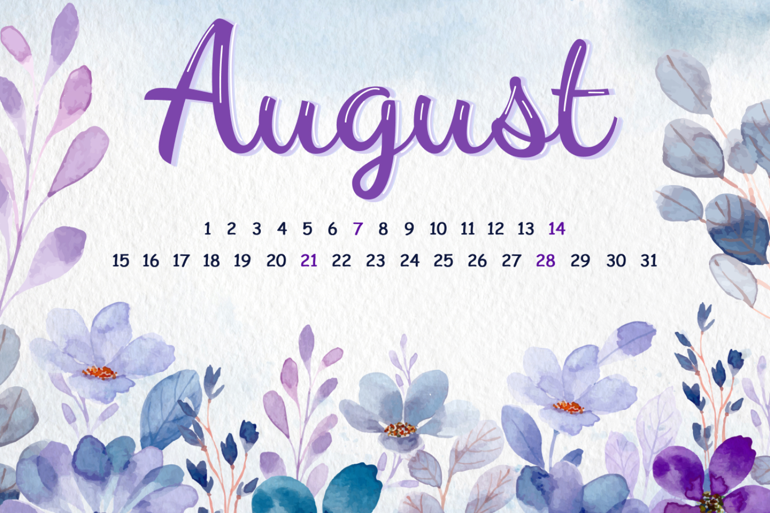 Monthly calendar on purple background with flowers.