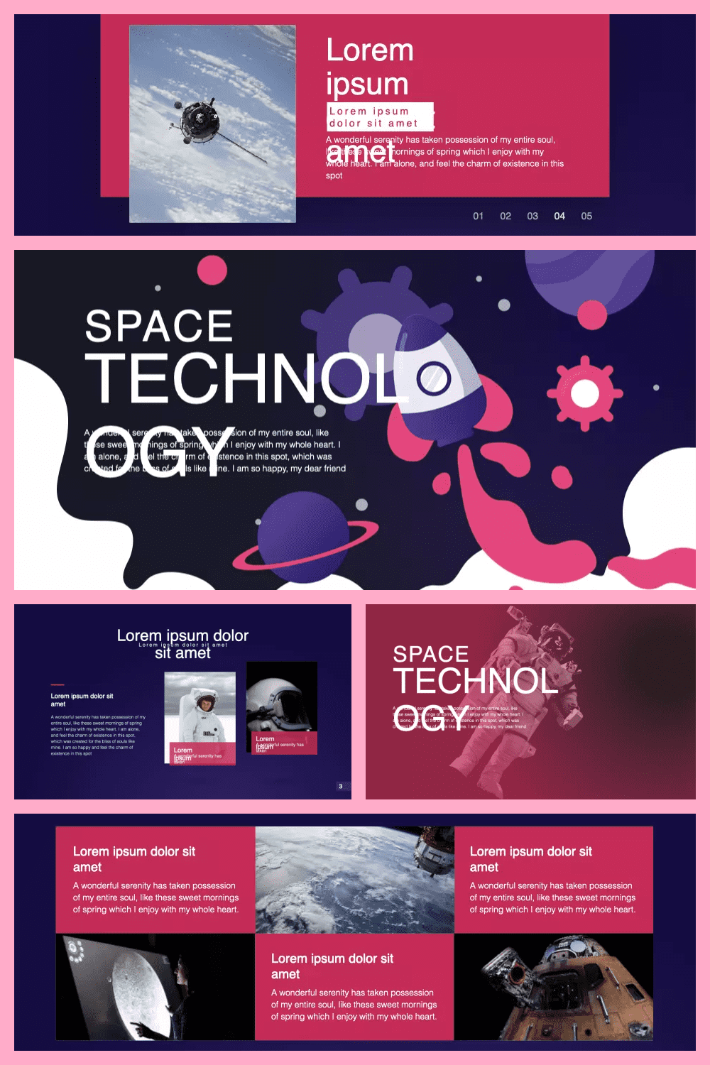 Collage of slides with blue and red backgrounds and space-themed photos.