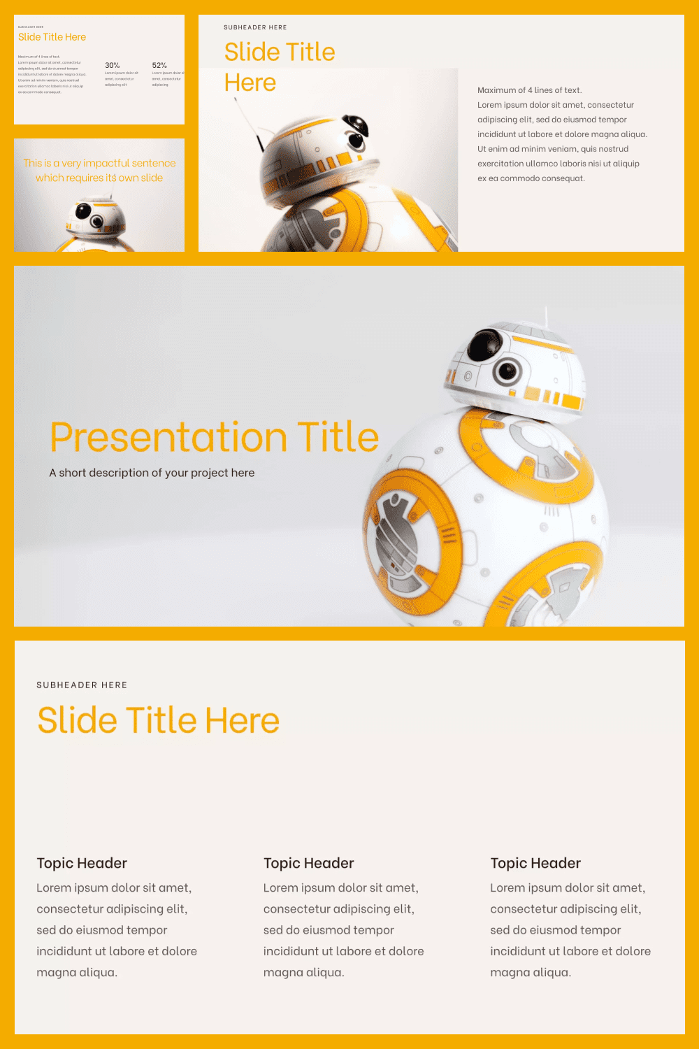 Collage of template pages with a beige background and a droid from the new Star Wars.