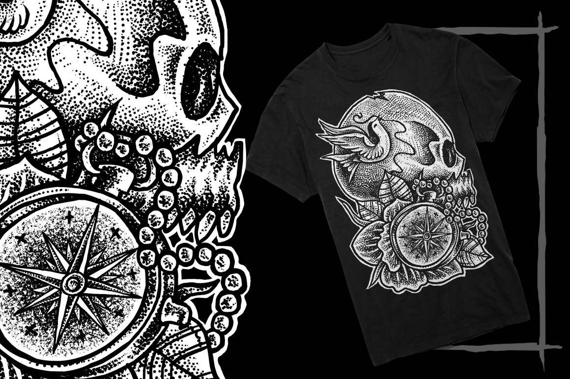 Black t-shirt with cool skull with ornaments.