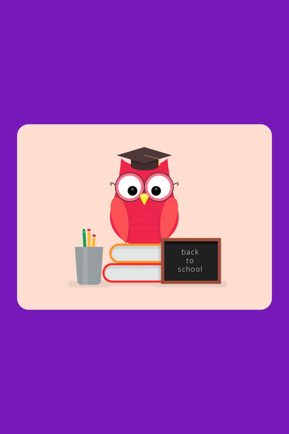 Drawn funny red owl with graduate cap sitting on books.