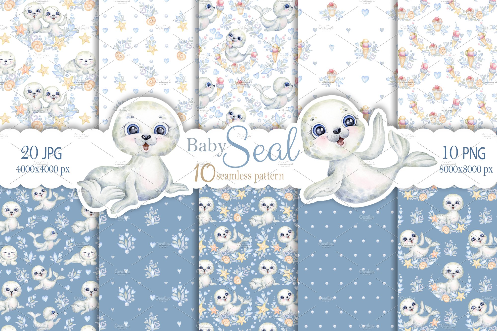 Cute blue patterns with baby seal.