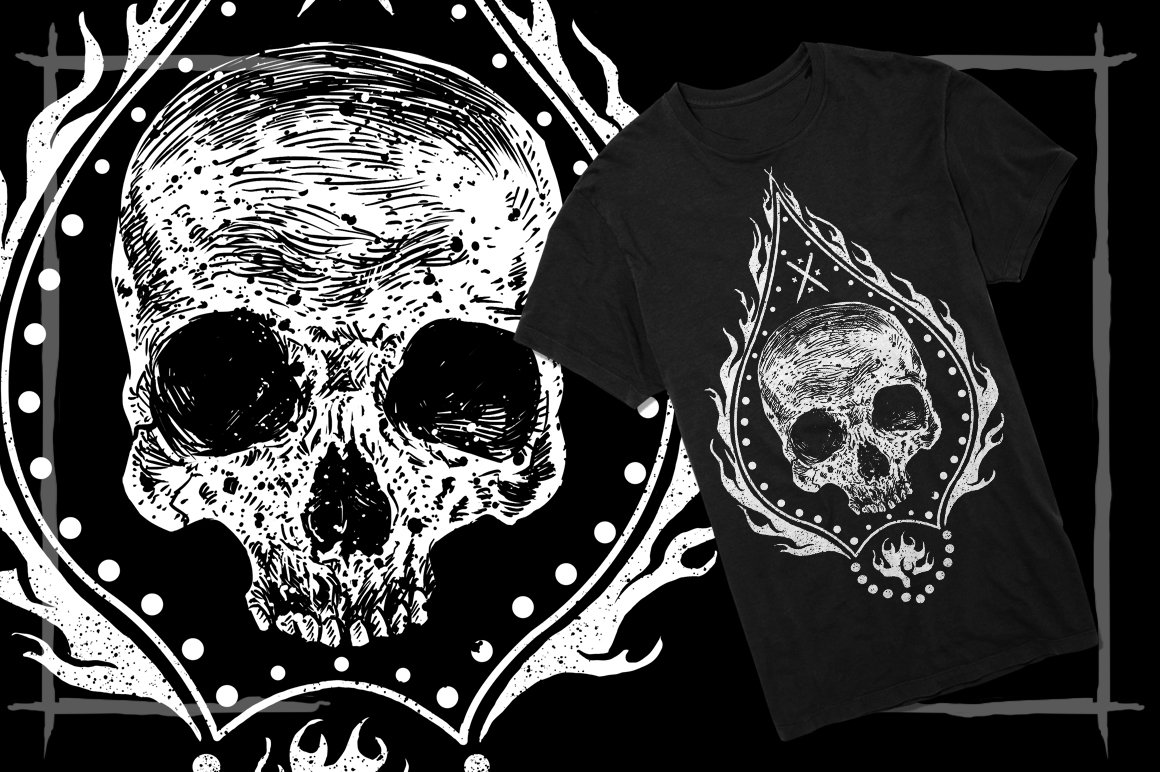 Black t-shirt with skull in a fire.
