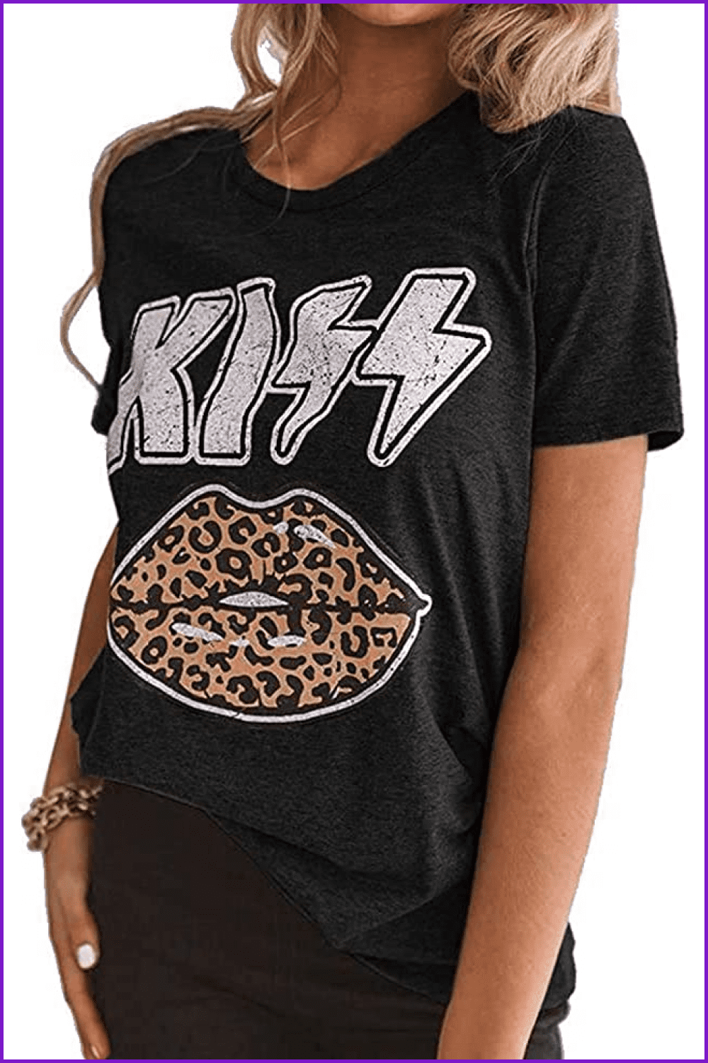 Qrupoad Womens Kiss Lips Leopard Print Tongue T-Shirt Summer Casual Cool Graphic Tees Tops.