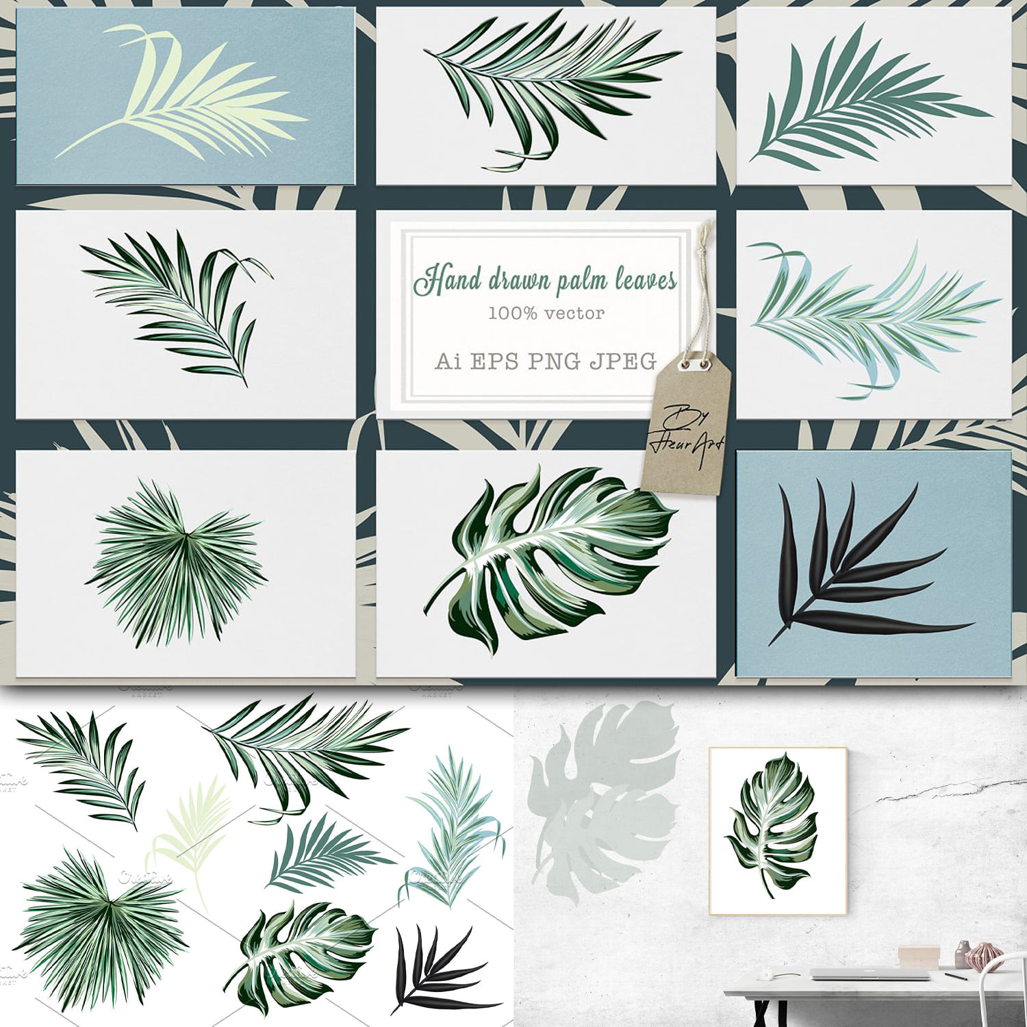 Jungle palm vector leaves set cover.