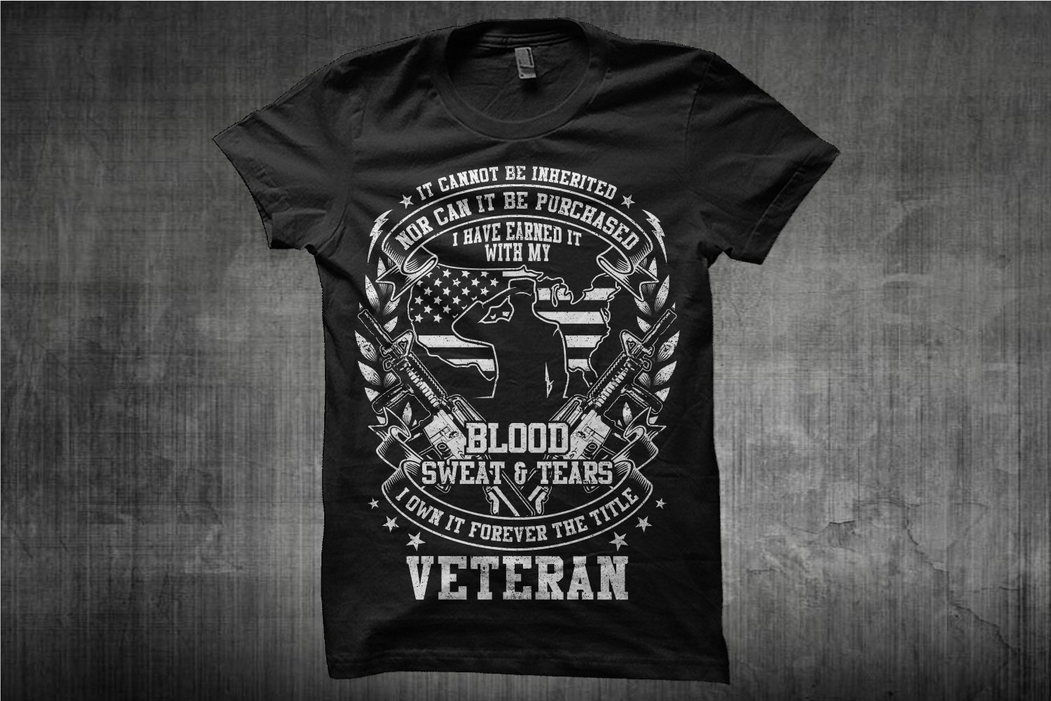 Black t-shirt with white veteran illustration.