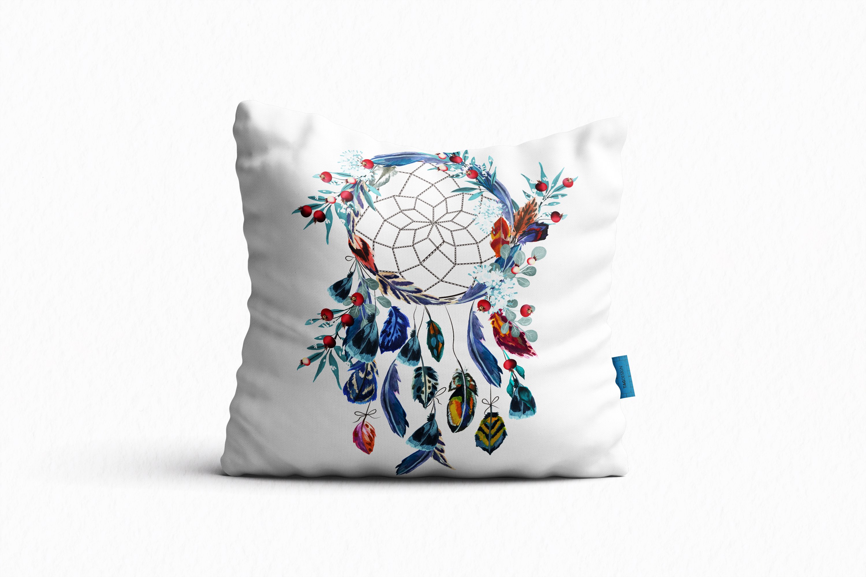 White pillow with dreamcatcher.