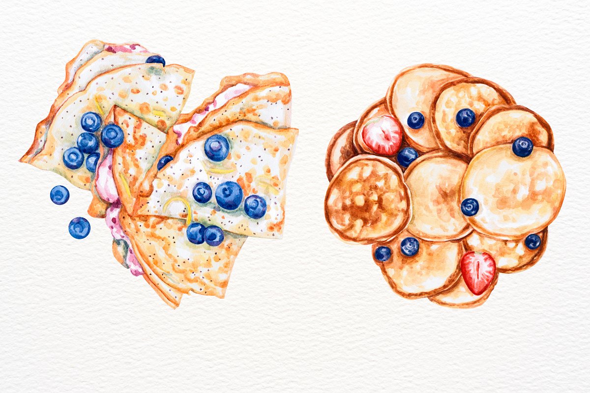 Watercolor pancakes with berries.