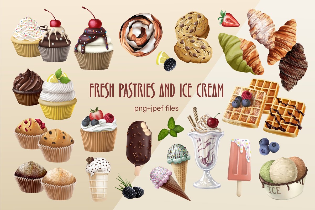 Fresh pastries and ice cream elements.