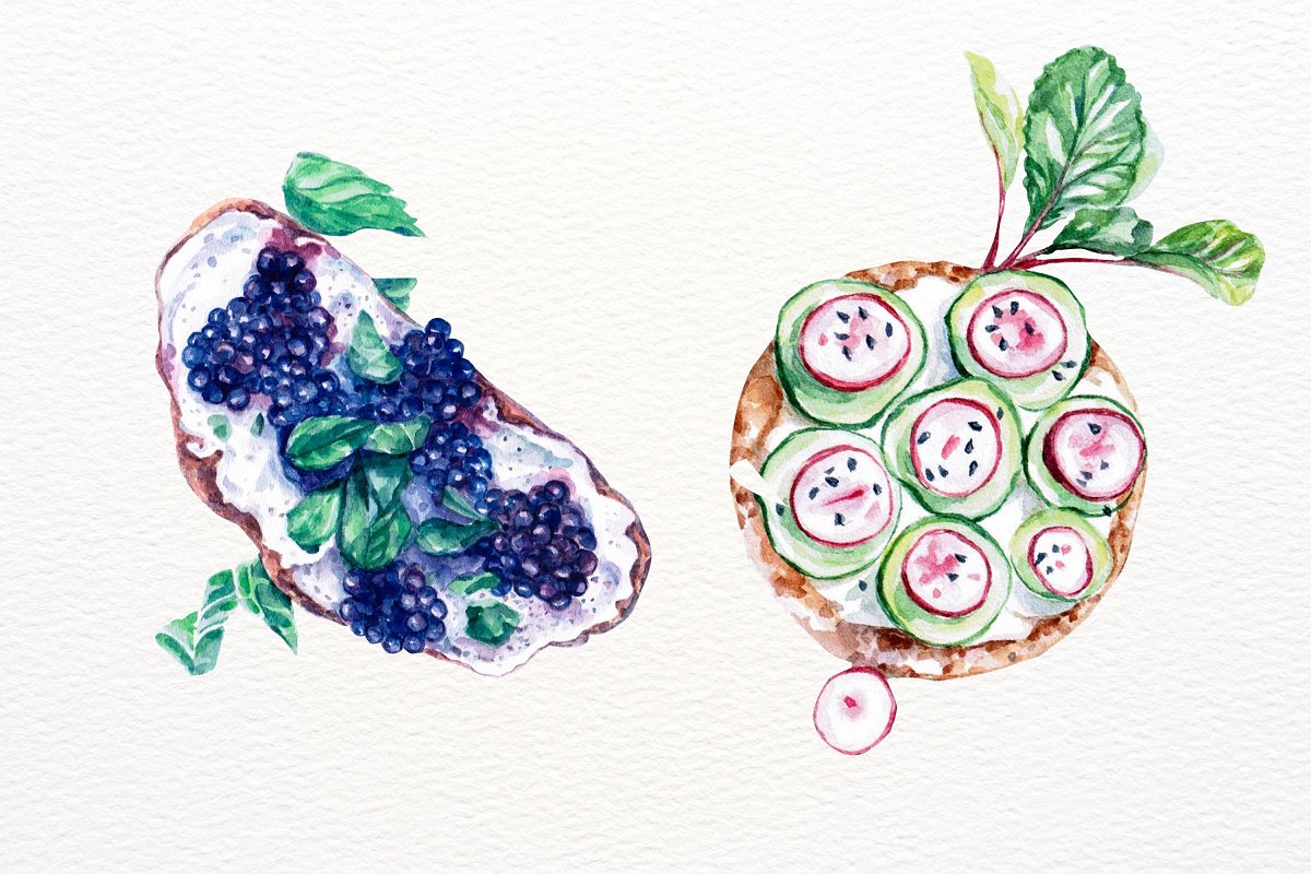 Watercolor tasty toasts.