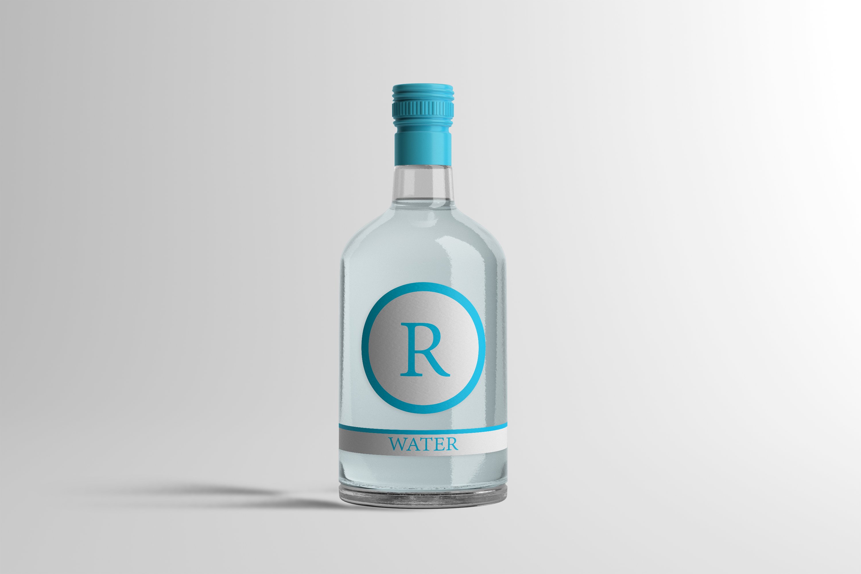 Transparent bottle with blue border label.