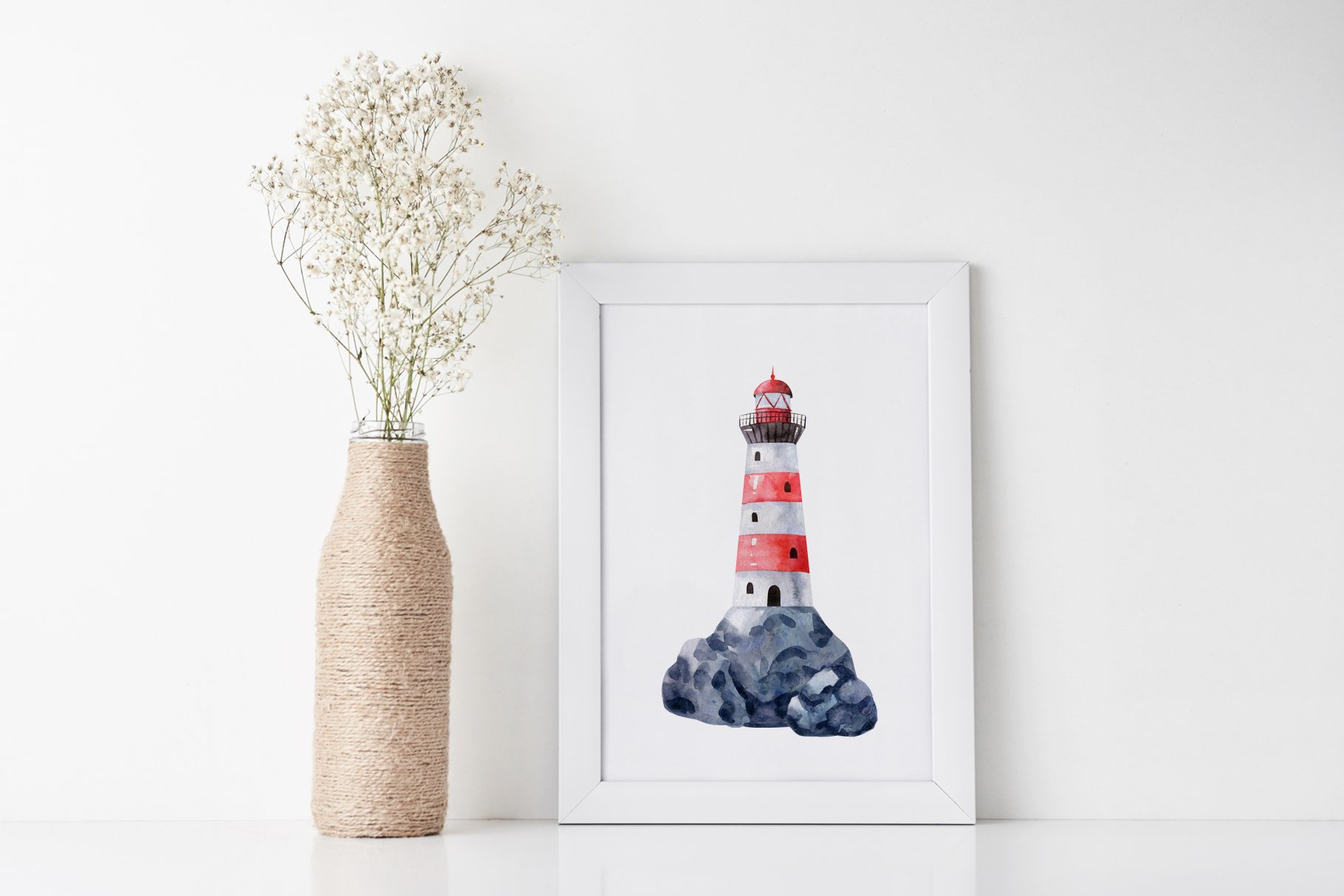White poster with the classic lighthouse.