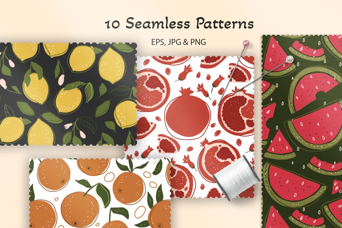You will get 10 seamless patterns with fruits.
