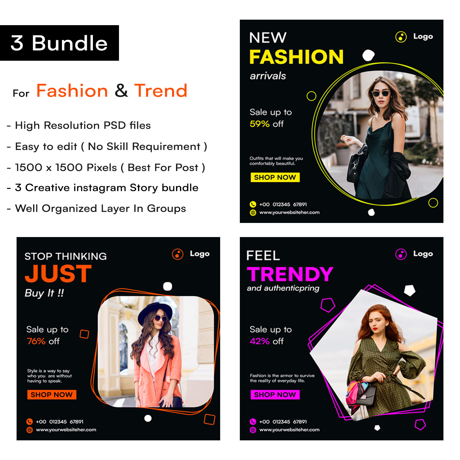 Fashion And Trend Social Media Post Design Templates Three Examples.