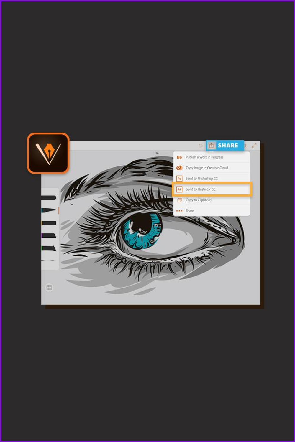 Adobe Illustrator Draw desktop with a painted eye.