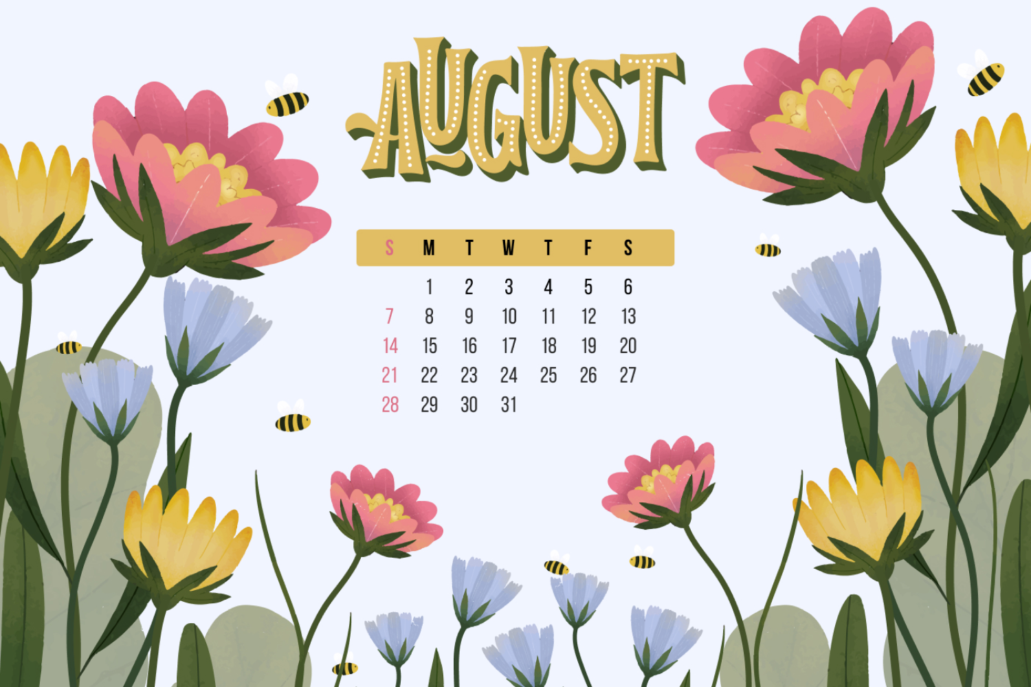Calendar for august with painted wildflowers.