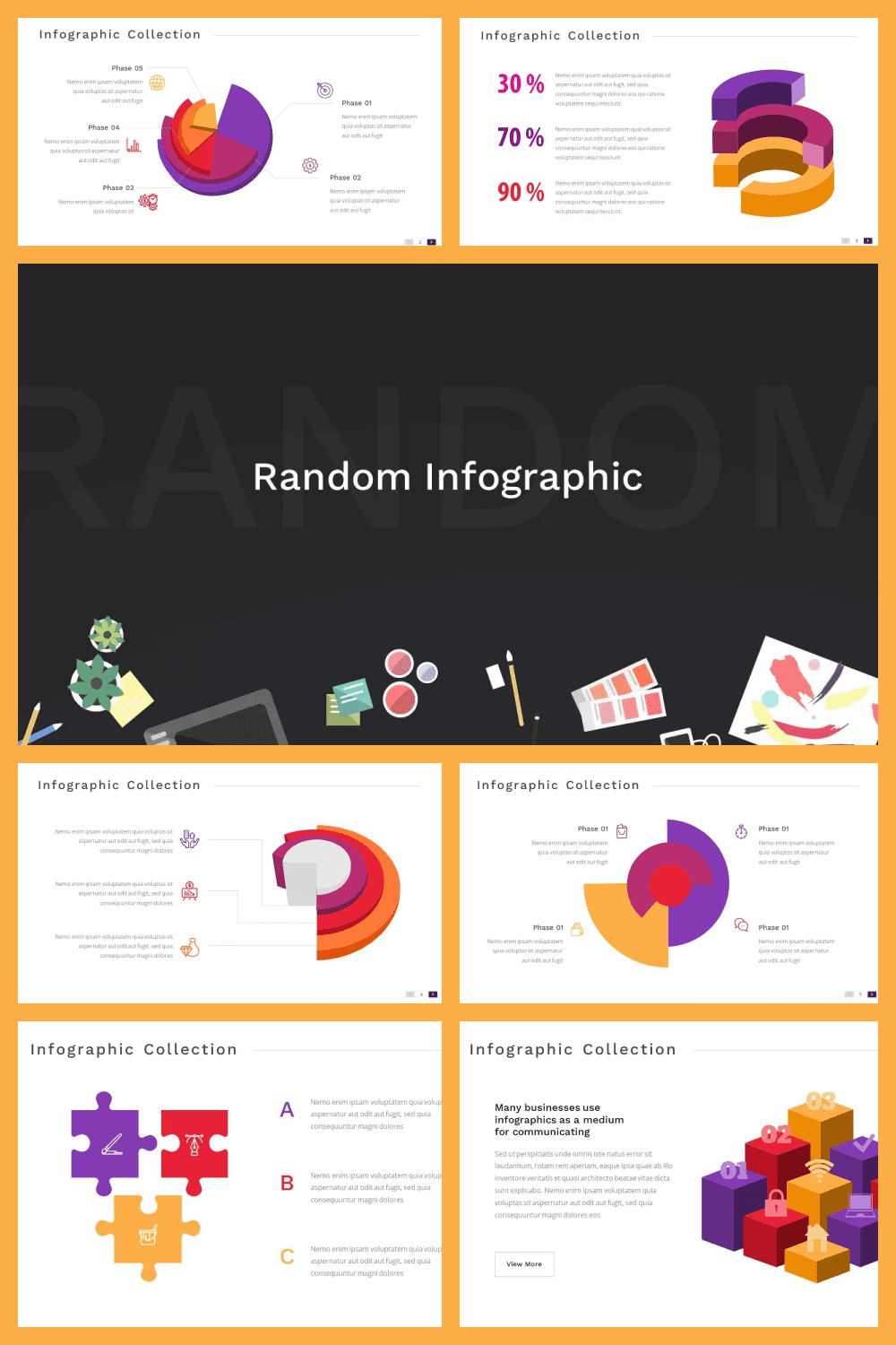 Slides collage with white background and colored infographics.
