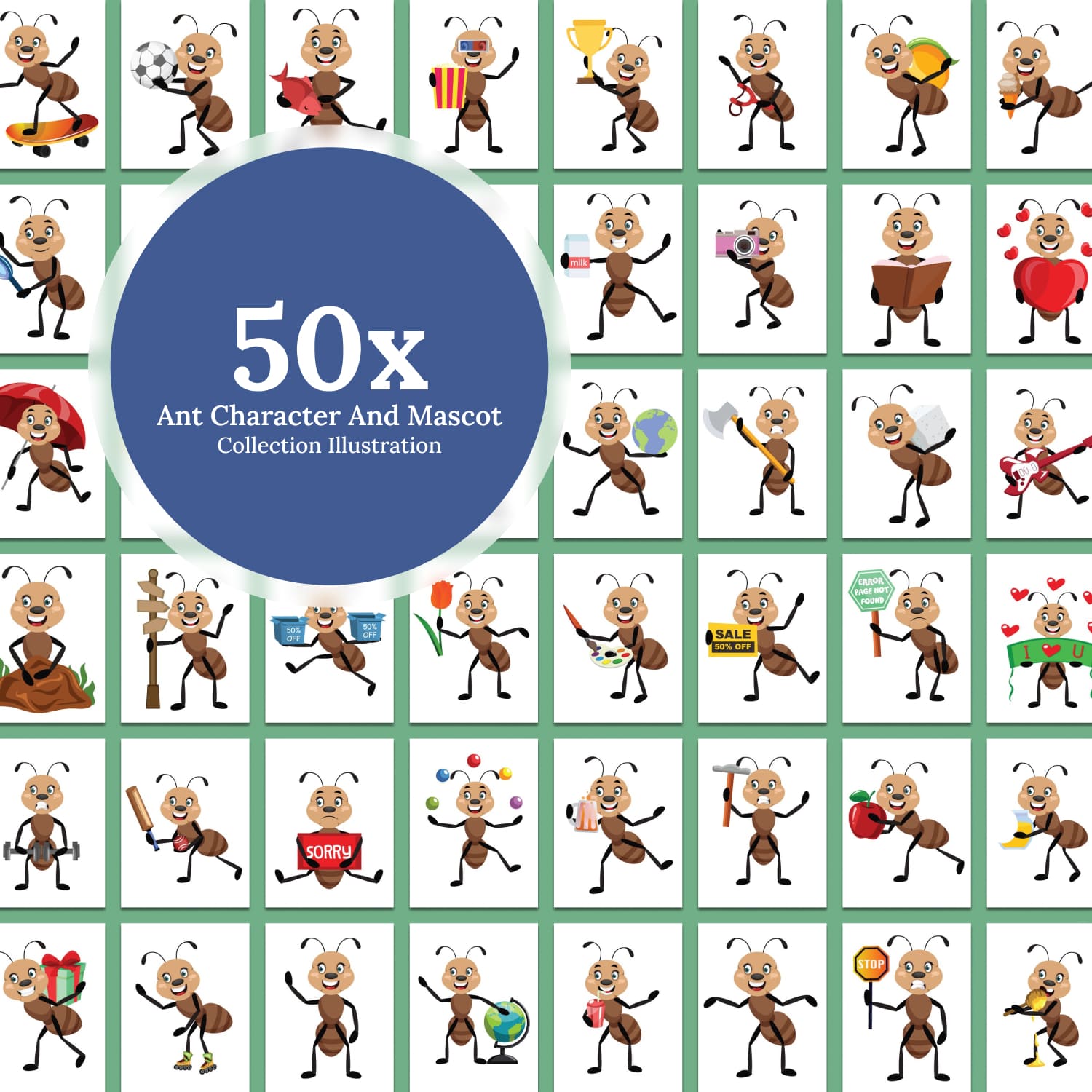 50x Ant Character and Mascot Collection illustration.