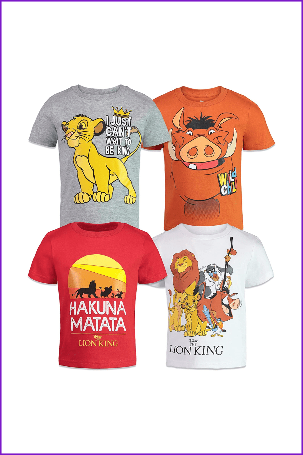 Disney Lion King Boys’ 4 Pack T-Shirts: Simba Timon Pumbaa Zazu Nala.