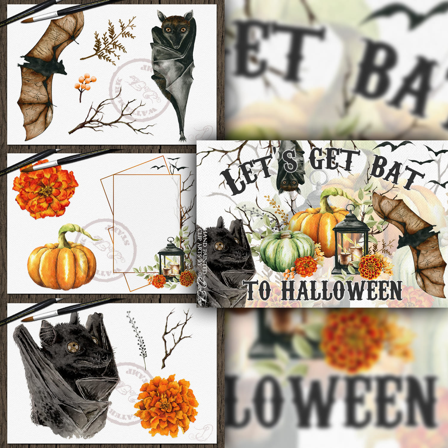 Halloween Bat Watercolor Clip Art cover.