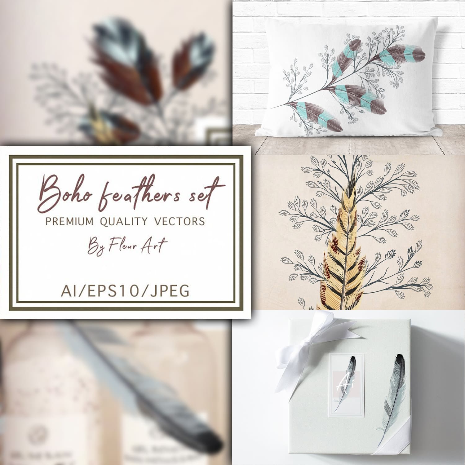 Bohemian mood vector feathers set cover.