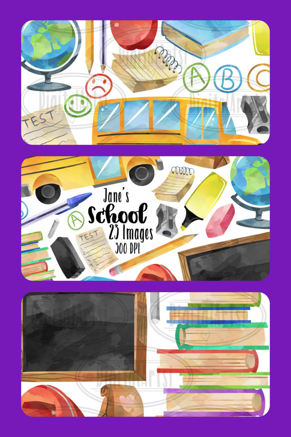 Collage with drawn school supplies.
