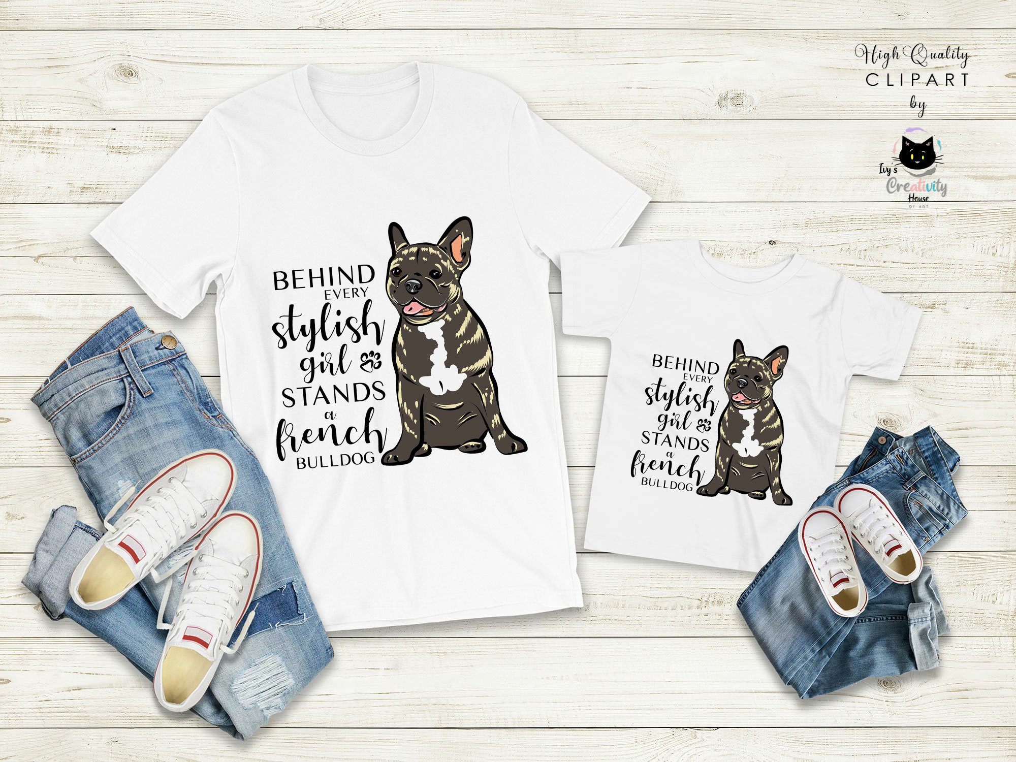 Couple of shirts with a dog on them.