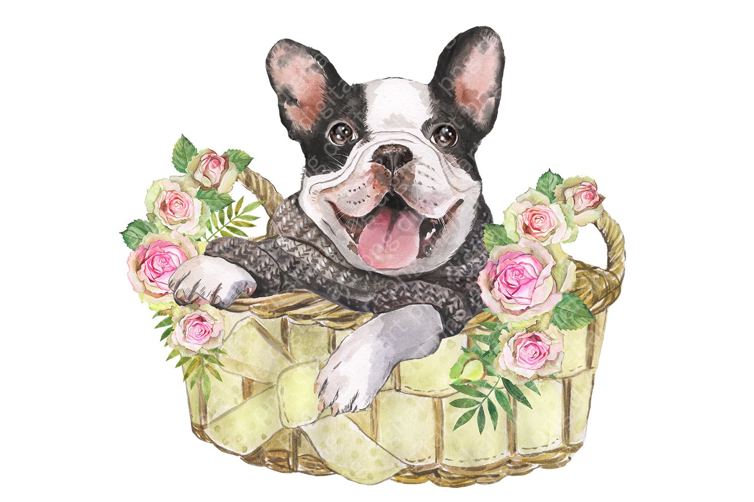 Dog is sitting in a basket with flowers.