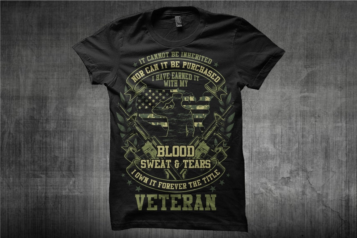 Green veteran print on a black t-shirt.