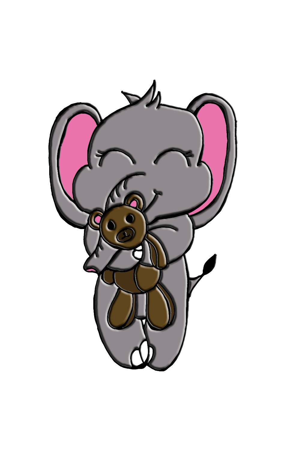 Cartoon elephant holding a teddy bear.