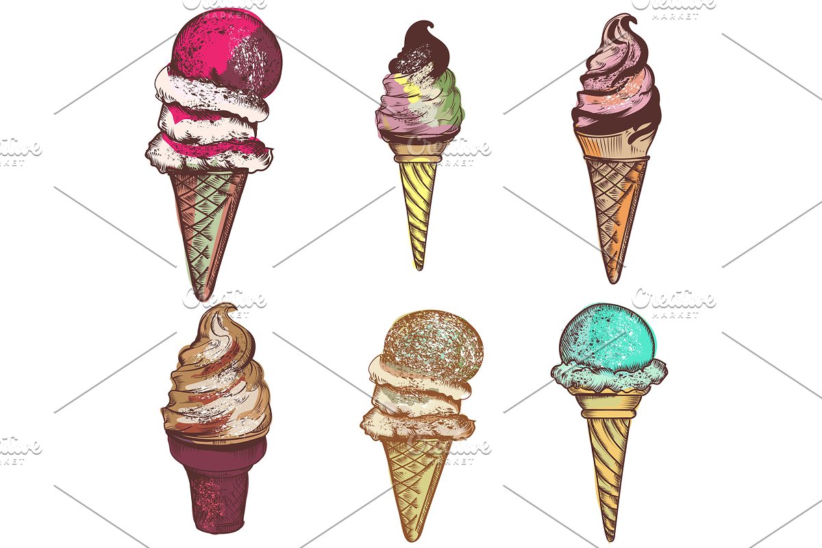 Colorful watercolor ice cream elements.