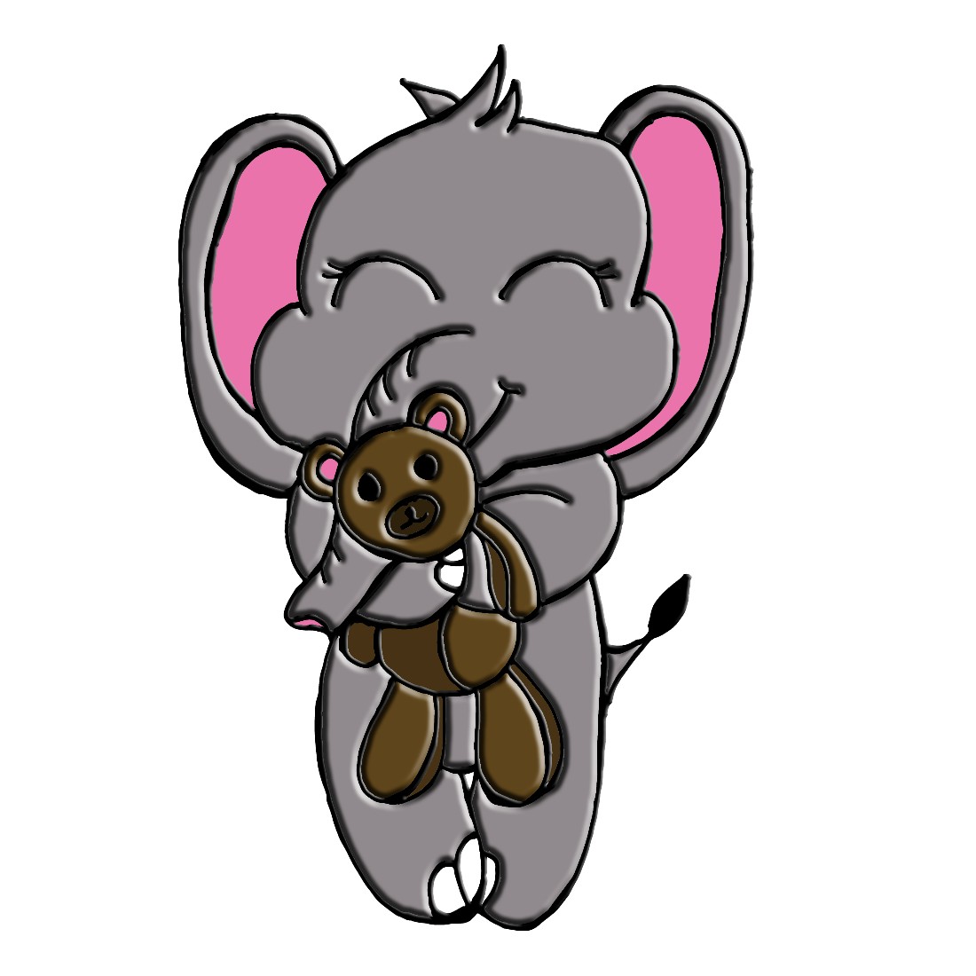 Cartoon elephant hugging a stuffed animal.