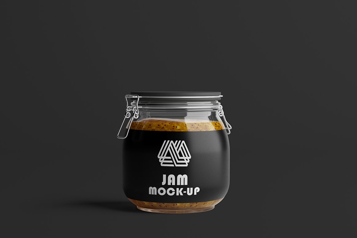 Transparent jar with black label and silver logo.