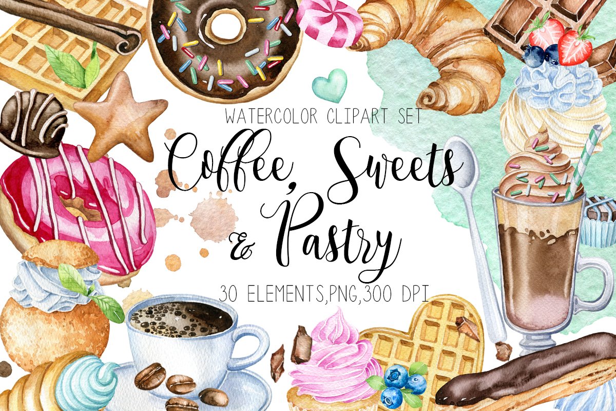 Cover image of Pastry & Coffee Watercolor Clipart.
