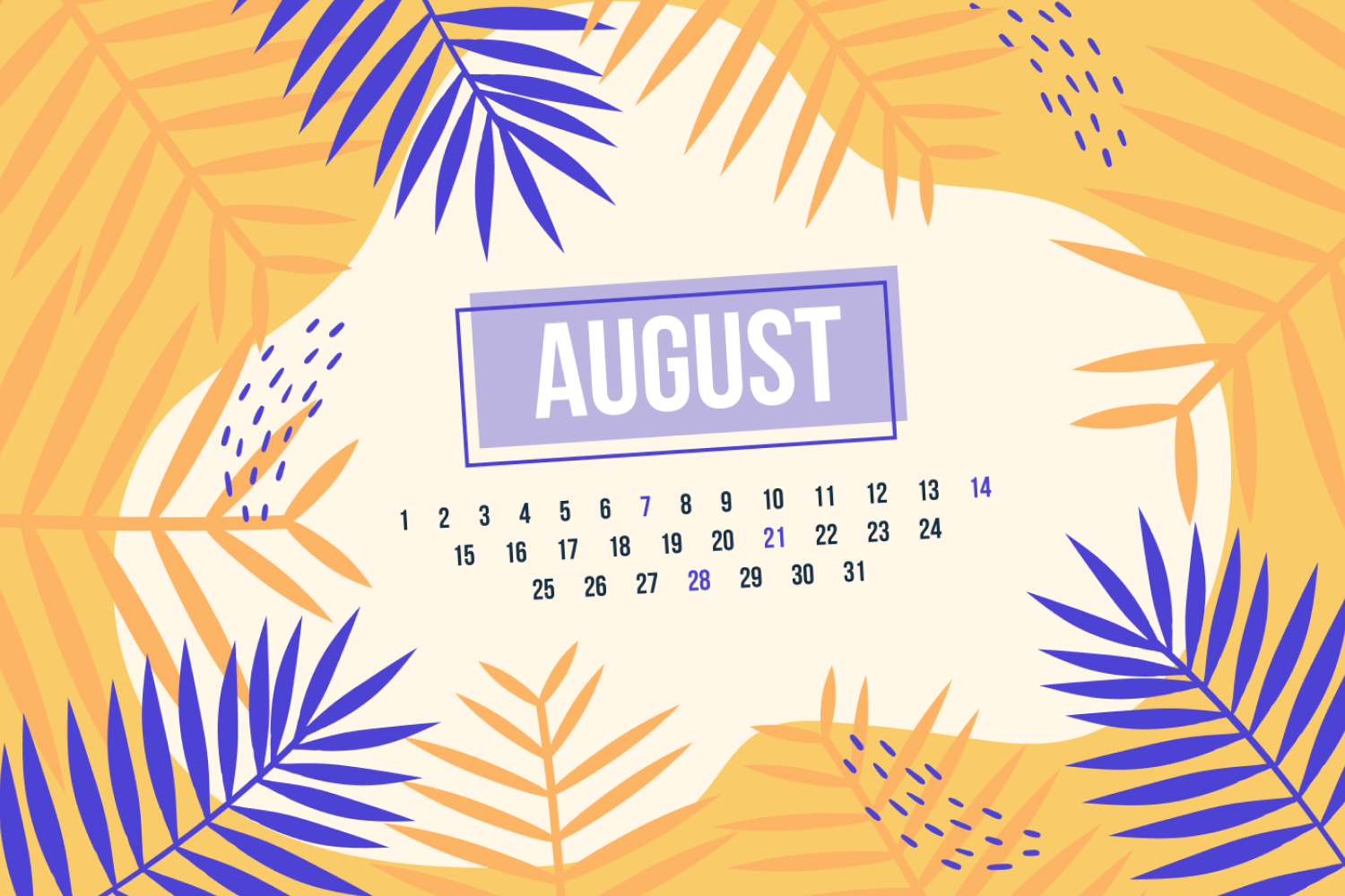 Calendar for august inside a frame of yellow and blue fern leaves.