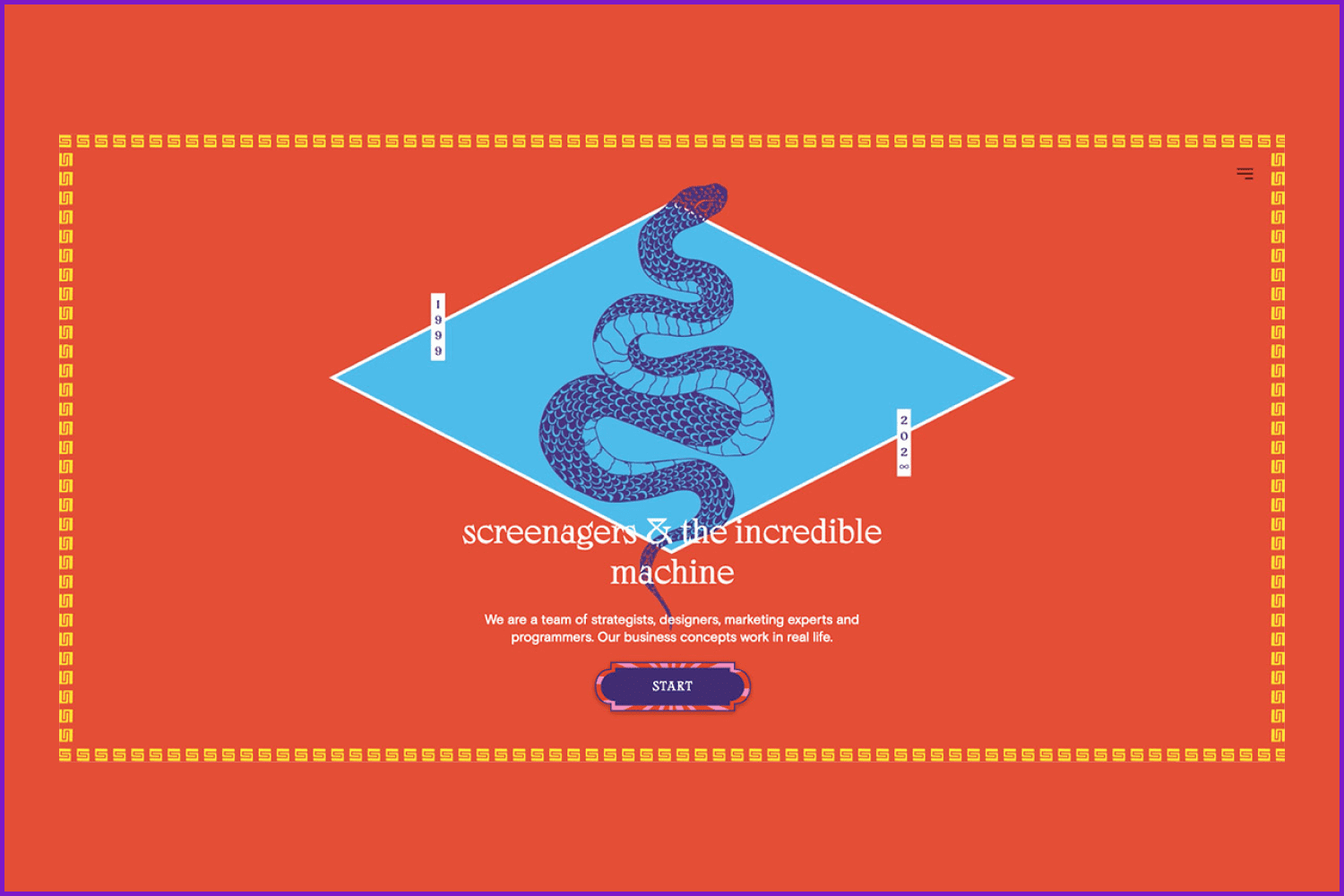 Bright orange background with a blue snake.
