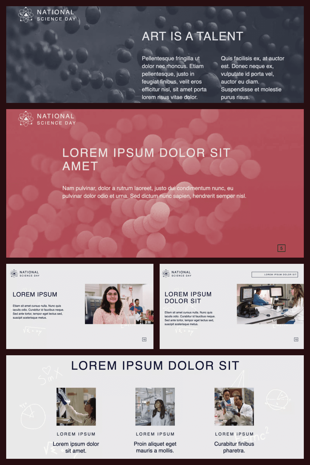 Collage of slides with white, red and gray backgrounds and photos from laboratories.