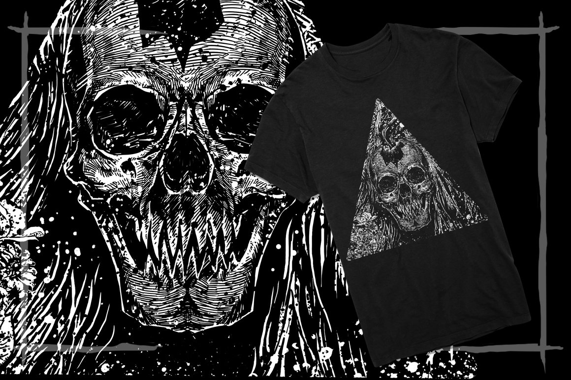Black t-shirt with skull in a triangle.