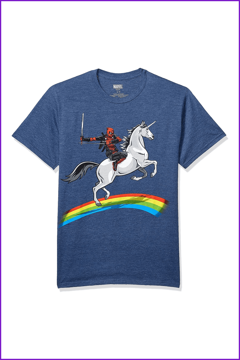 Marvel Deadpool Riding A Unicorn On A Rainbow T-Shirt.