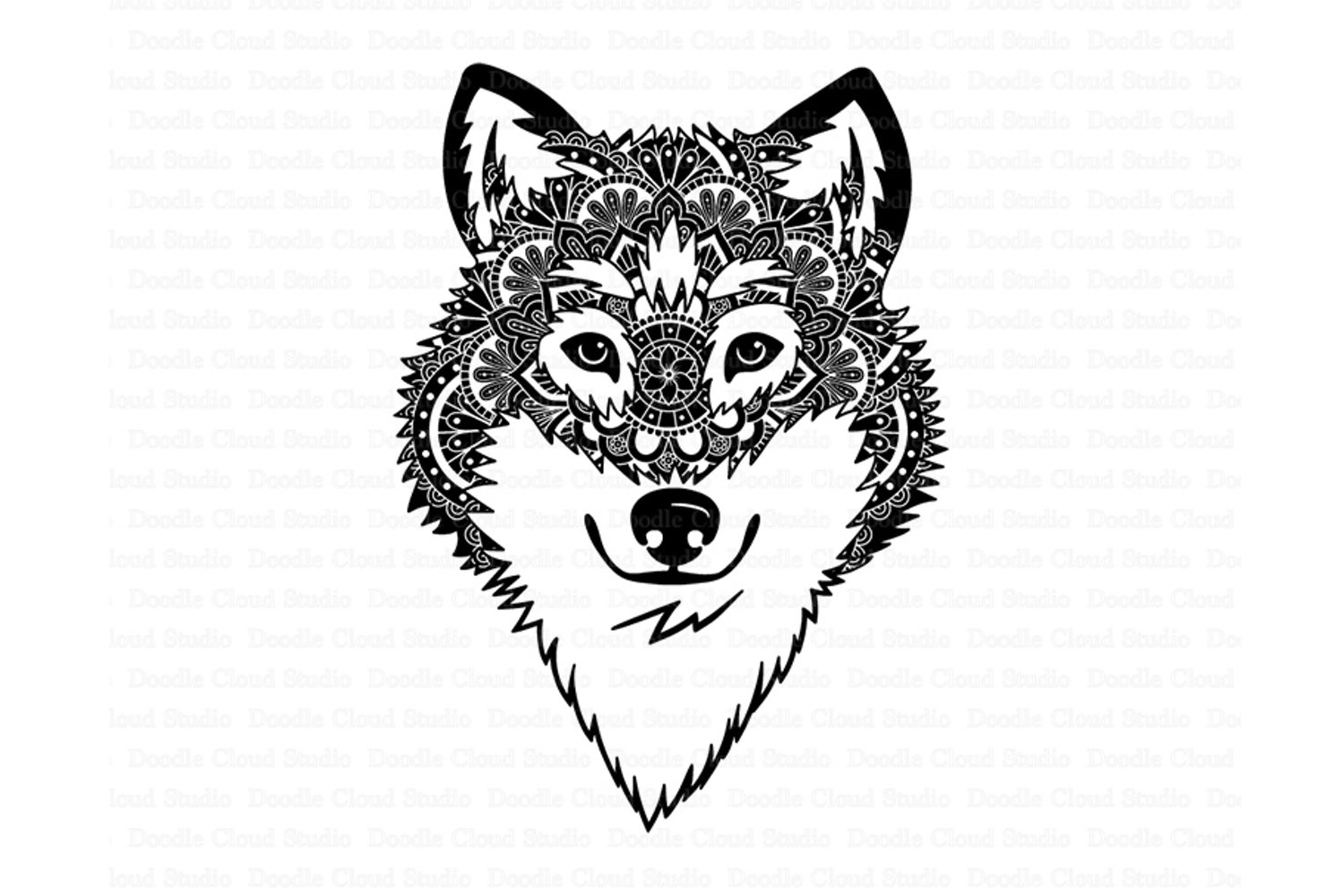 Black and white drawing of a wolf's head.