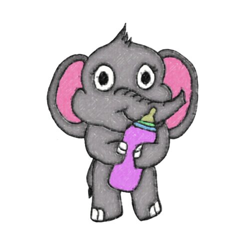 Cute Pencil Art Elephant Holding a Baby Bottle.
