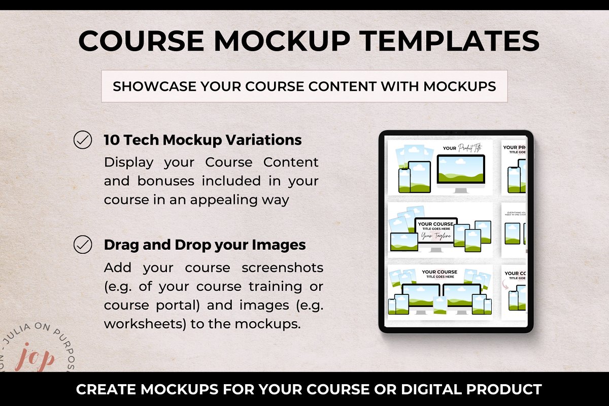 Showcase your course content with mockups.