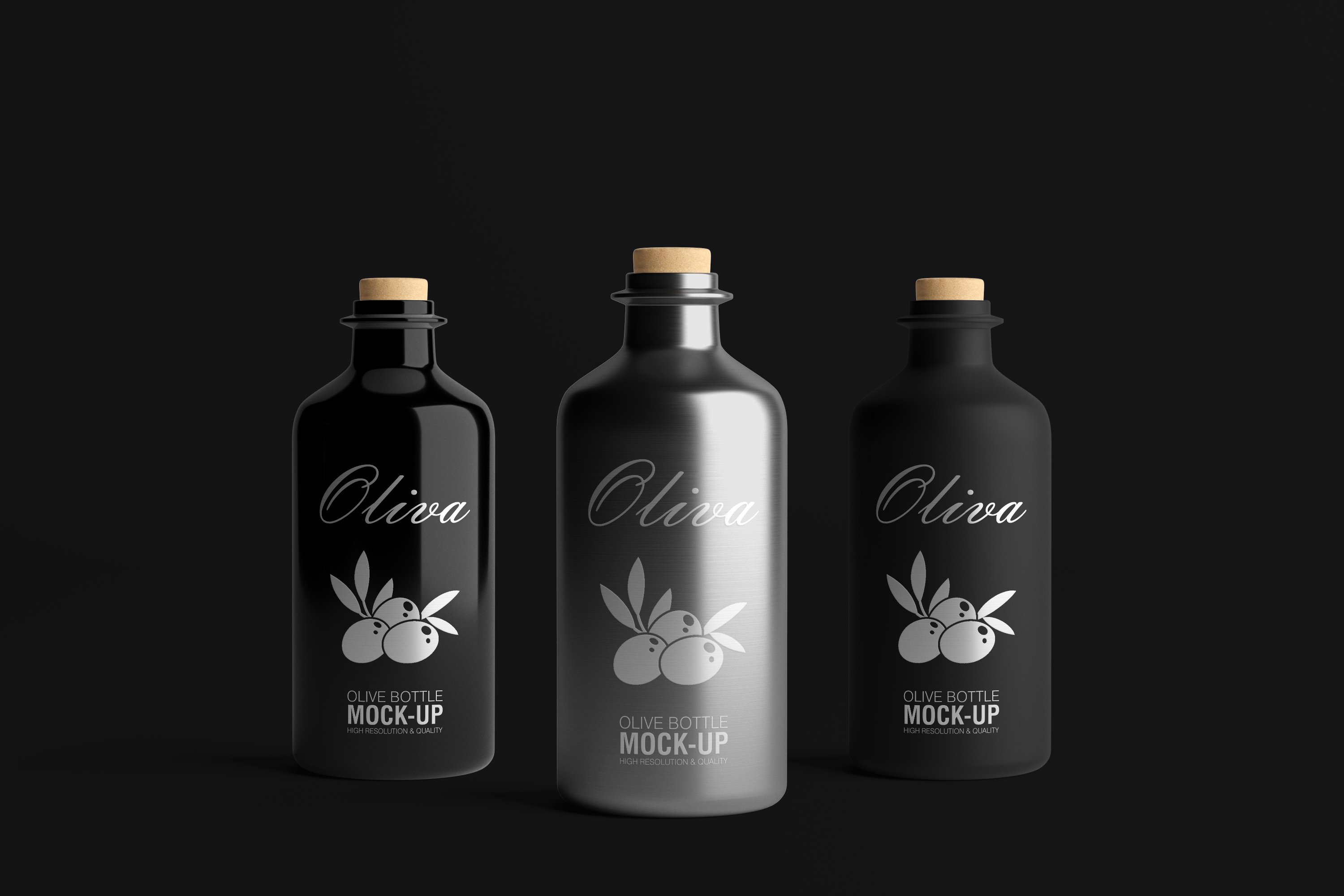 Three options of black bottles for olive oil.
