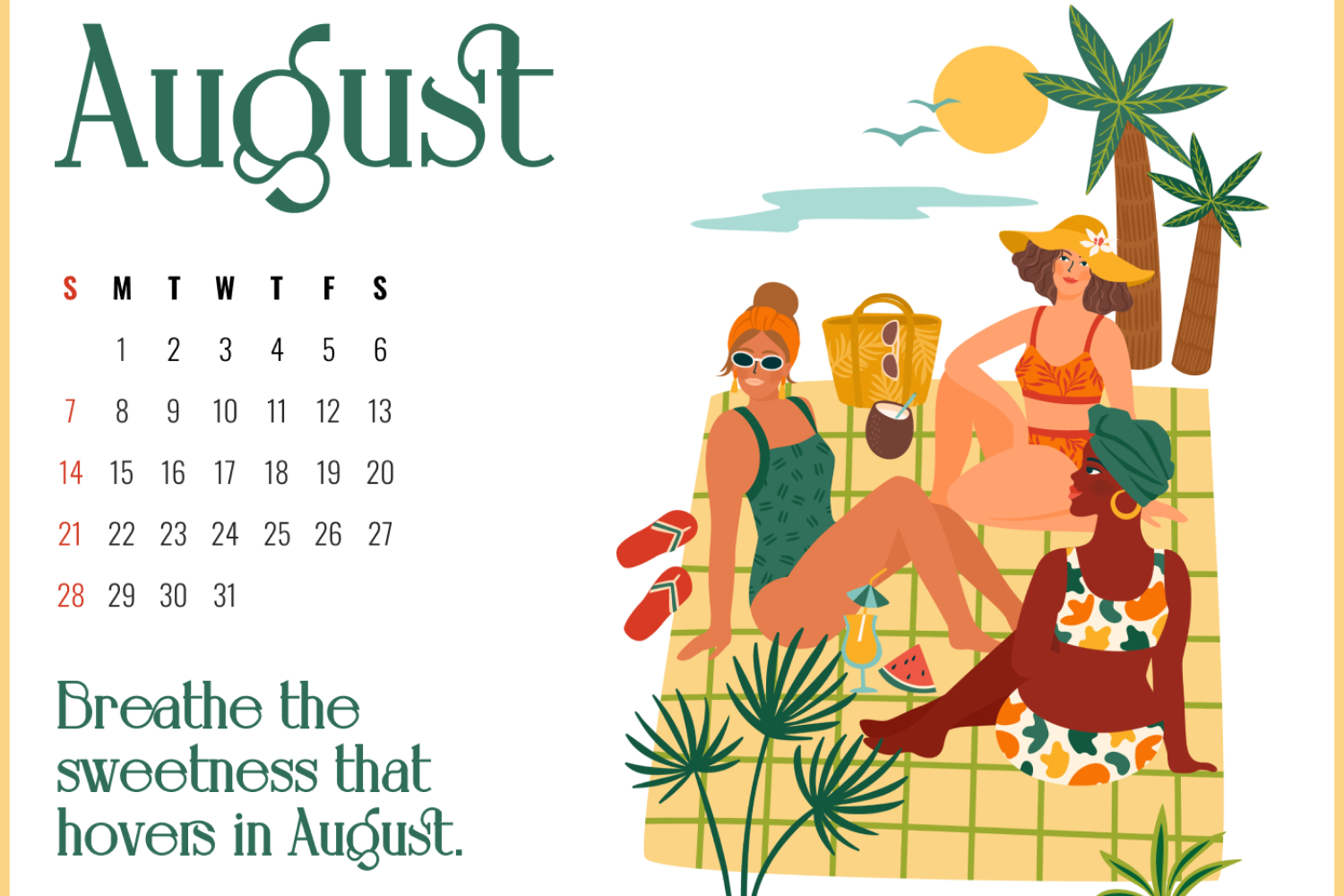 August calendar with painted girls on the beach.
