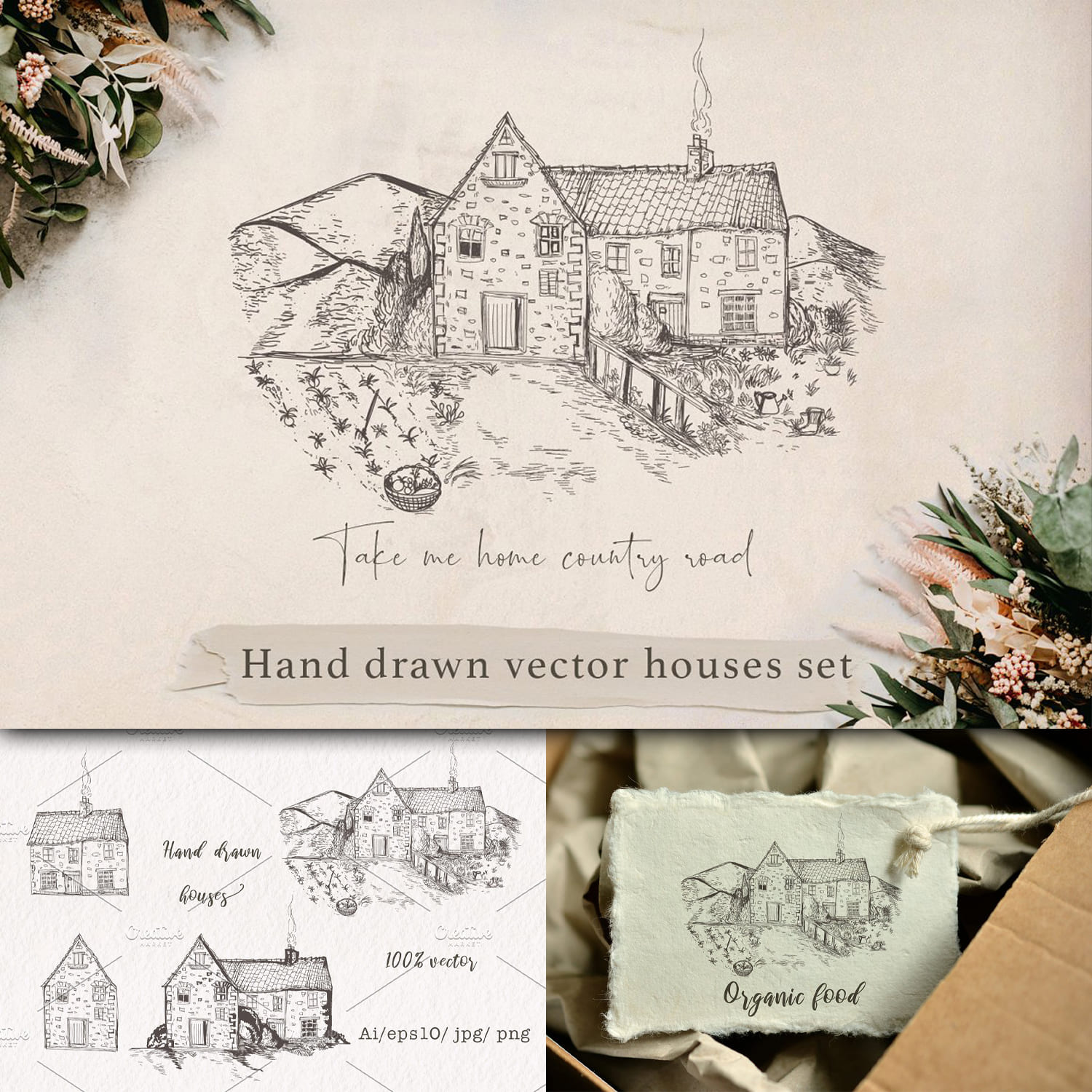 Hand drawn vector farm houses cover.