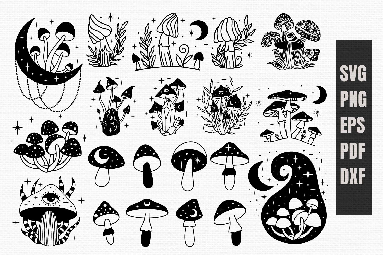 Diverse of elements for creating illustration with magic mushroom.
