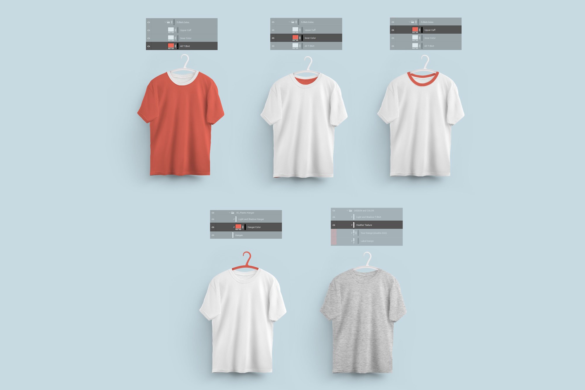 Five t-shirt colors options.