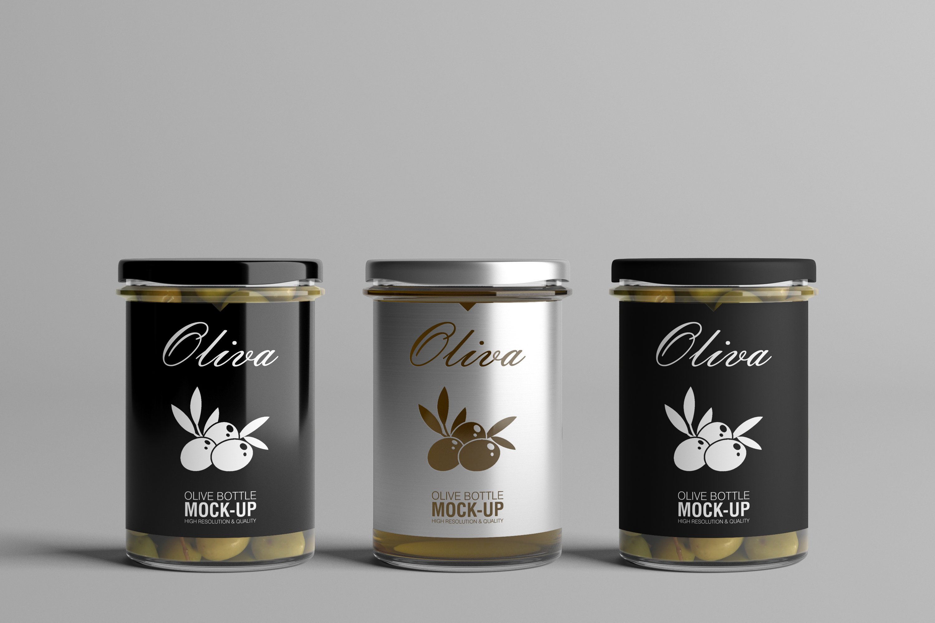 Three transparent luxury jars with olives and different labels.