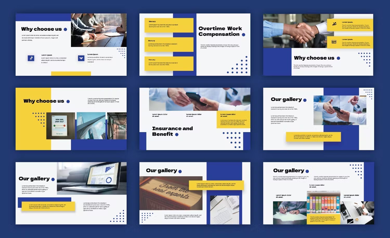 Dark blue template with bright yellow sections.