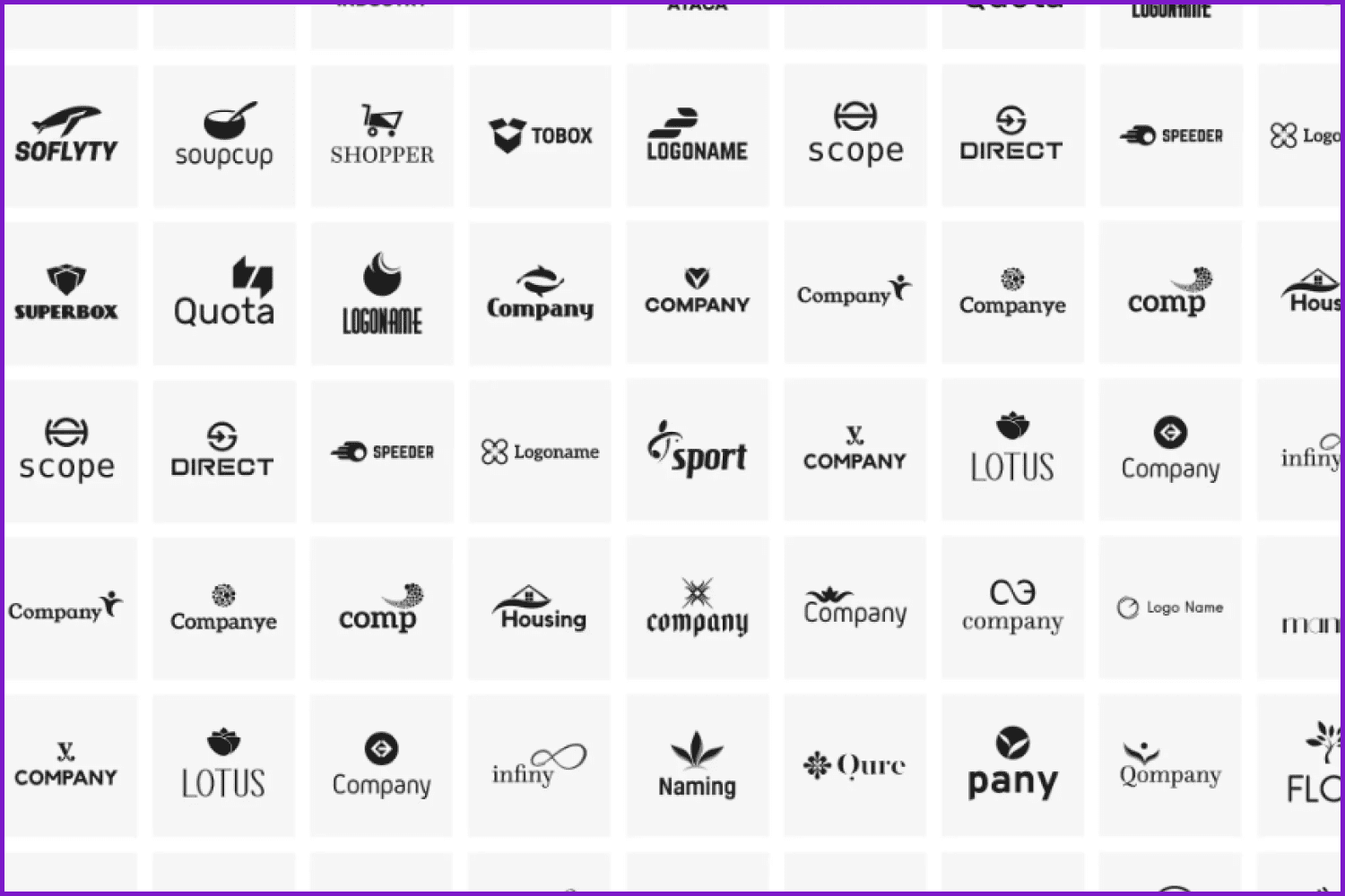 Collage of black and white logos of different companies.